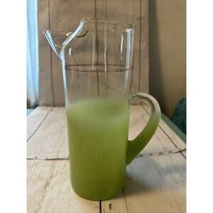 Vintage Blendo Turquoise Frosted Glass 11.5" Pitcher GoldRim Mid Century Modern
